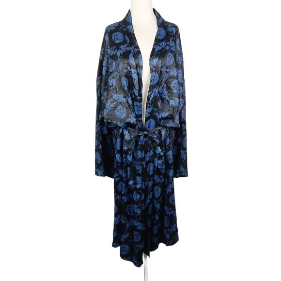 Vintage Black and Blue Dragon Print Satin Robe Kimono Style Dressing Gown - Picture 1 of 5